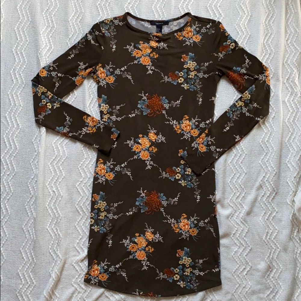 Brown dress with colorful floral design.